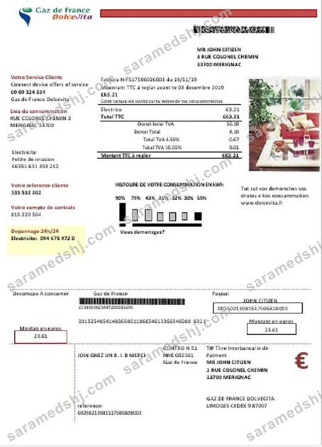 France Gaz de France Dolcevita utility bill